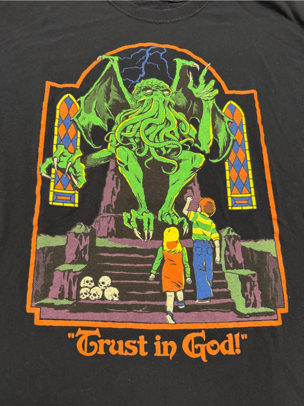Steven Rhodes "Trust In God" Black T-shirt Cthulu Lovecraft Mythos Men's Size L